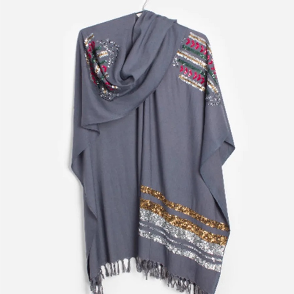 Embroidered Gray Shawl with Fringe